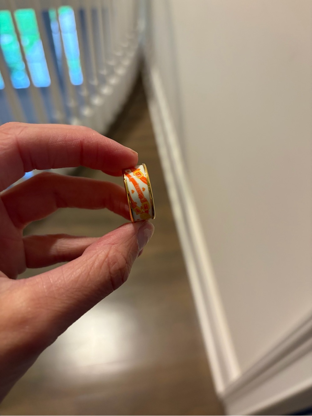Hermes White and Orange Enamel Floral Band Ring
